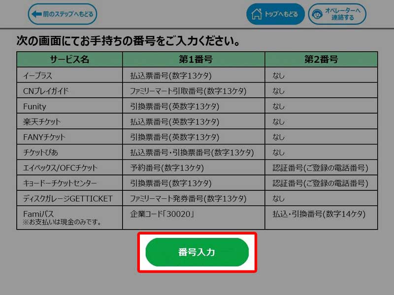 ファミリーマートでのチケット発券・操作方法 手順4